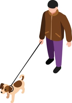 Man walking dog on leash casual outfit urban pet care illustration vector