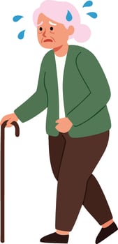Elderly woman walking with cane and showing signs of distress or fatigue illustration vector