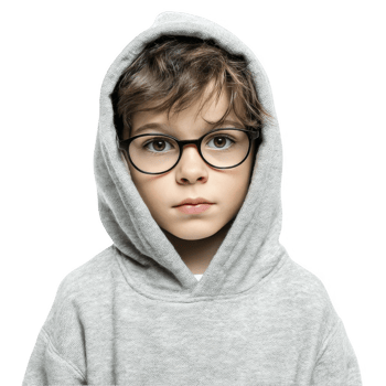 Sad boy in gray hoodie with hands near face isolated on transparent background png