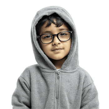 Calm boy in hoodie with glasses looking serious isolated on transparent background png