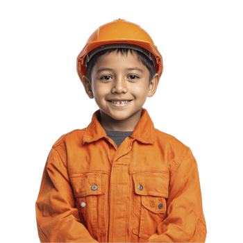 Happy kid in orange engineer costume smiling isolated on transparent background png