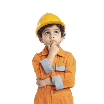 Little boy in orange builder uniform thinking isolated on transparent background png