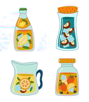 Set of jars and bottles. Lemonade jars collection on white background. Summer illustration. Fruity and fresh drinks. vector