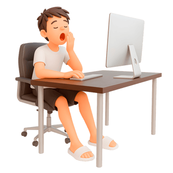 3D Rendering Tired Freelancer Cartoon Character Yawning at Computer png