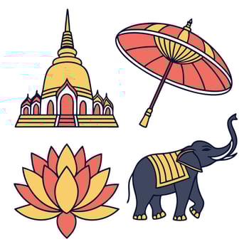 A golden temple, a red umbrella, a lotus flower and an elephant with a yellow blanket on a white background vector