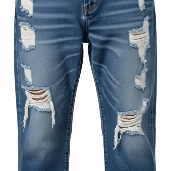 Distressed denim jeans with frayed holes and worn texture png