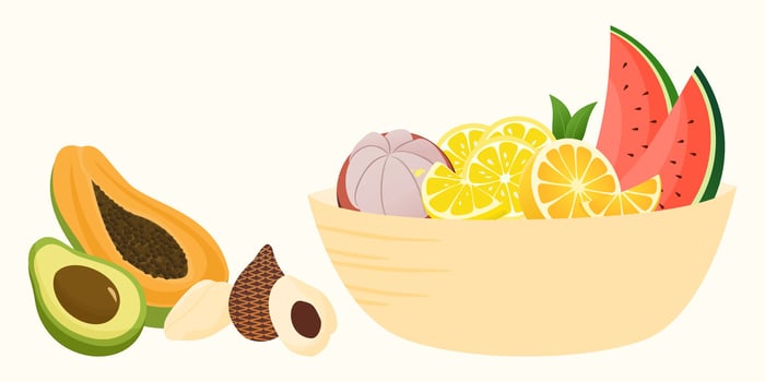 Fruits on bowl. Healthy organic food, various of tropical fruits. vector