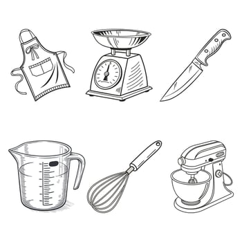 A collection of kitchen tools and baking equipment in a sketch style featuring an apron scale knife measuring cup whisk and stand mixer vector