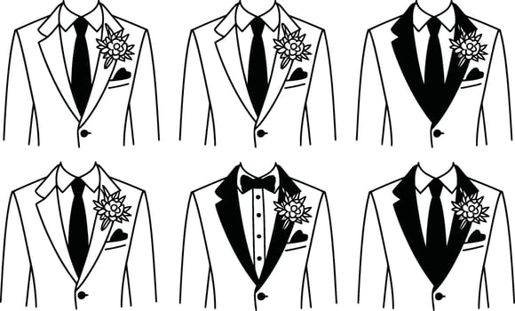 Line art groom suit collection wedding attire bow tie tuxedo outfits vector