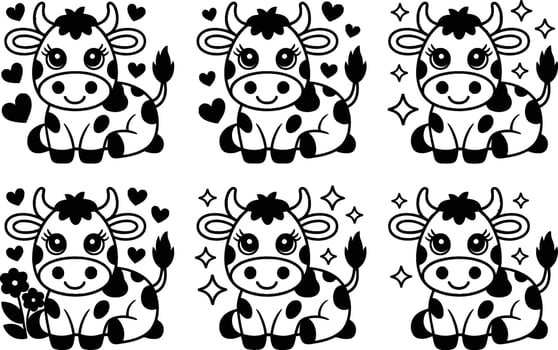 Seamless pattern of cute cartoon cows with hearts and stars black and white vector