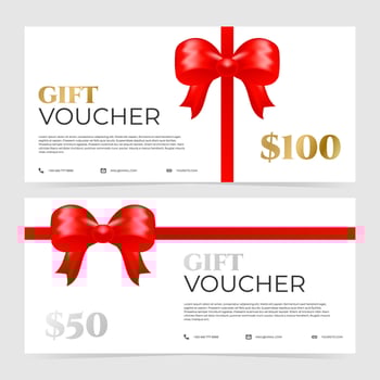 Elegant gift voucher with red classic bow knot and red satin ribbon on white background. Template for commercial use in promotions, sales, holiday campaigns, birthday events, online shops vector