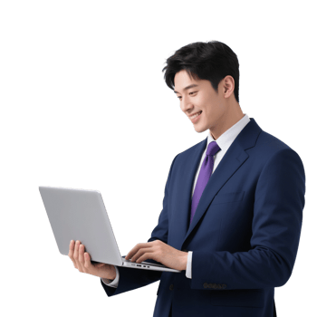 Man smiling using a laptop device isolated on transparent background, no background png