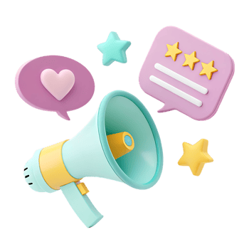3d cartoon megaphone with reviews stars and hearts isolated on transparent background png