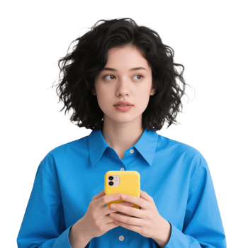 Woman holding a yellow phone case isolated on transparent background, no background png