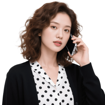 A woman talking on the phone with a polka dot shirt png