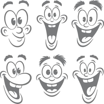 Six Gray Scale Cartoon Face Silhouettes with Varying Expressions Big Eyes Wide Open Mouths Happy Joyful vector