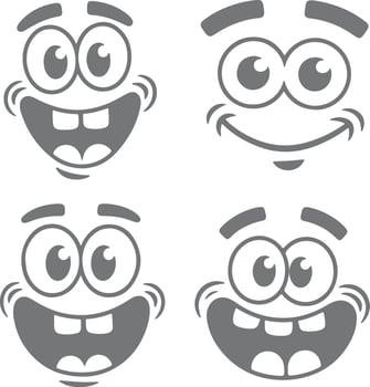 Four Gray Cartoon Face Silhouettes with Varying Expressions Big Eyes Wide Smiles and Happy Moods Simple Illustrations vector