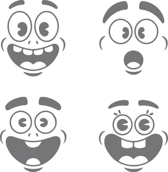 Four Gray Cartoon Faces Showing Different Expressions Happy Surprised and Silly Wide Open Mouths Big Eyes Simple Silhouette Style vector