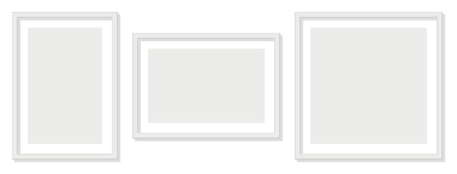 Empty white picture frames set on transparent background minimalist style interior design template mockup collection horizontal and vertical orientation clean layout gallery wall concept neutral tones vector