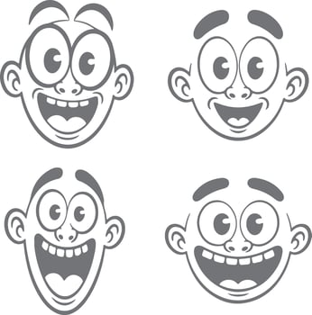 Four Gray Cartoon Silhouettes of Happy Smiling Faces with Wide Open Mouths and Big Eyes Illustrative Style Set vector