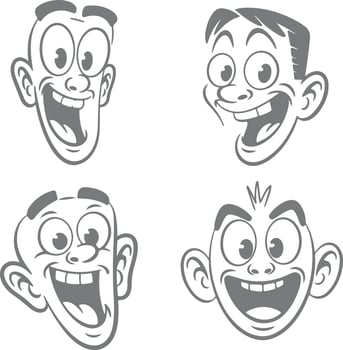 Four Grey Cartoon Silhouettes of Joyful Laughing Faces with Big Eyes and Wide Open Mouths Smiling Expressions in a Retro Style Illustration vector