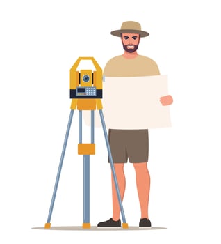 Surveyor with surveying equipment and map vector