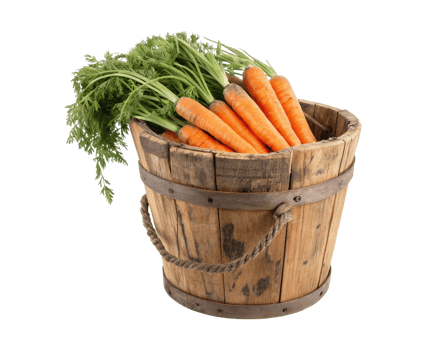 An old rustic wooden bucket filled with fresh carrots isolated on a transparent background png