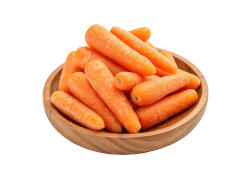 A pile of organic small baby carrots in a wooden plate isolated on a transparent background png