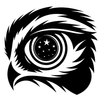Owl eye closeup abstract illustration black and white stylized bird eye with cosmic stars, fantasy wildlife design graphic vector