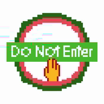 Pixel art do not enter sign with digital hand icon stopping, red circle illustration for caution and restricted access alert vector