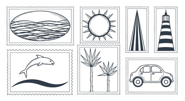 Summer Holiday Vacation Items and Activities Featuring Ocean Sun Dolphin Palm Trees Lighthouse Car vector