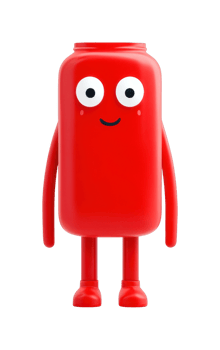 Red cartoon jar character with arms and legs smiling png