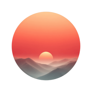 Surreal mountain landscape with rising sun in circular frame png