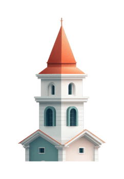 Charming church tower with colorful roof and spire design png