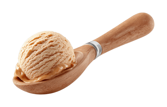 Creamy peanut butter ice cream scoop on wooden spoon png
