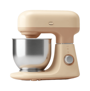 Beige electric stand mixer with stainless steel bowl for kitchen baking png