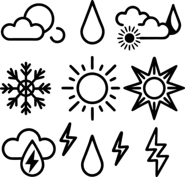 Black and White Weather Icons Set Sun Cloud Rain Snow Lightning Symbols weather symbols sun icon vector