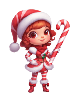 Cheerful cartoon girl in christmas costume with candy cane png