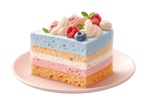 Tri-layered cake slice with berries and cream topping png