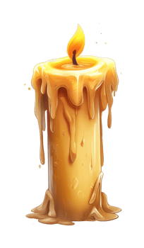 Glowing melted wax candle with flickering flame drip effect png
