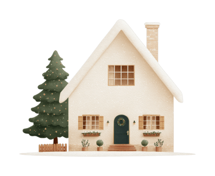 Snow-covered cottage with christmas decor and pine tree in winter wonderland png