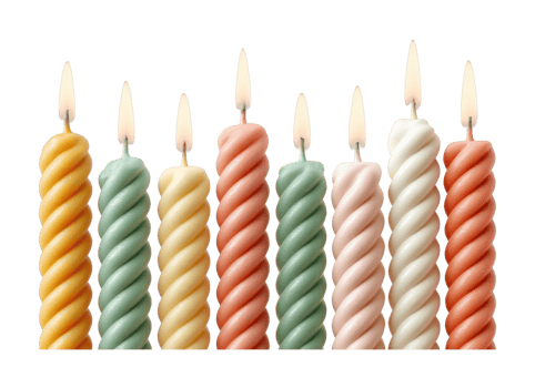 Colorful spiral candles aligned in a row with flickering flames png