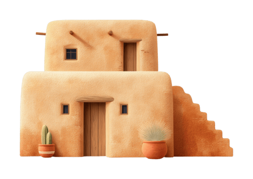 Adobe-style house with cacti and stone stairs in a desert setting png