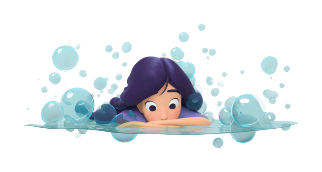Animated young female character relaxing in bubbles png