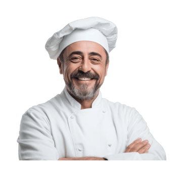 Mature caucasian male chef smiling in professional attire with arms crossed png
