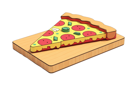 Cartoon slice of pepperoni pizza on wooden board with cheese and vegetables png