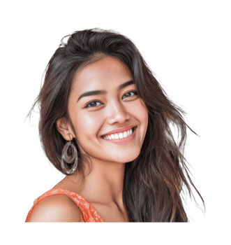 Smiling young asian female with long hair and hoop earrings png