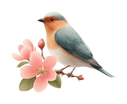 Colorful bird perched by pink flowers in a nature-inspired scene png