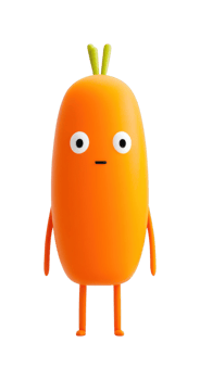 Cute cartoon orange carrot character with green stems and big eyes png