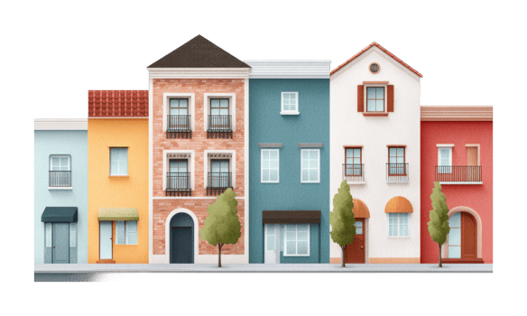Colorful residential houses with trees in a row png